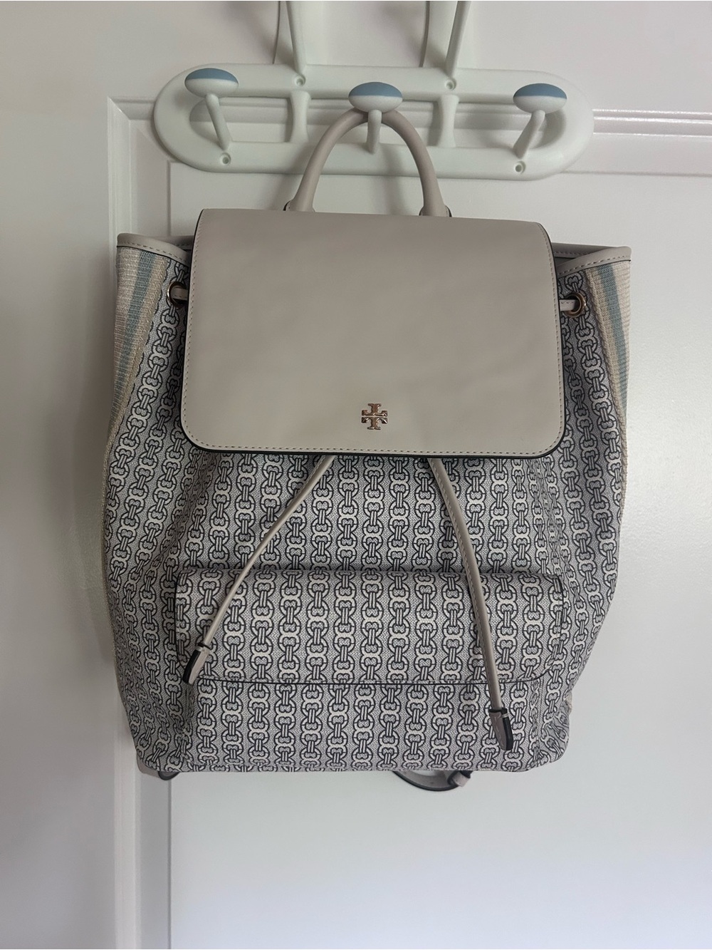 Tory Burch Cream and Gray Monogram Canvas Backpack